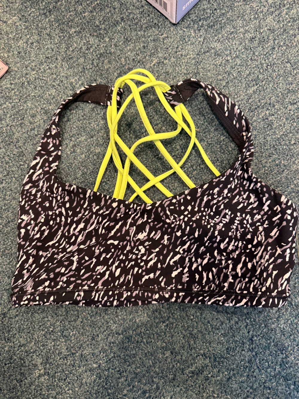 Black & White Speckle Sports Bra with Neon Yellow Strappy Back